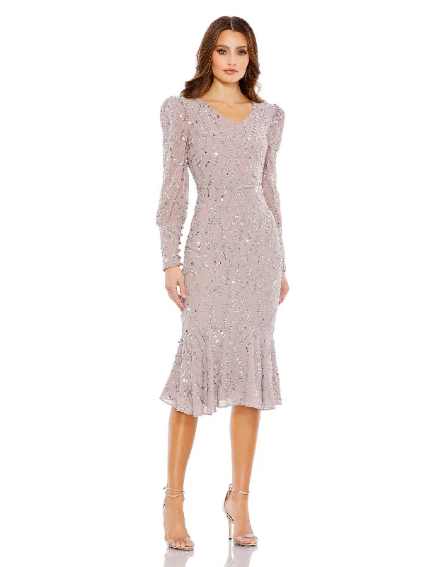 Stylish Savings Mac Duggal 10767 Long Sleeve Cocktail Sequin Midi Dress