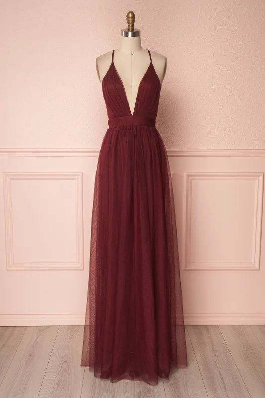 Exquisite Craftsmanship Aliki Wine | Backless Mesh Maxi Dress