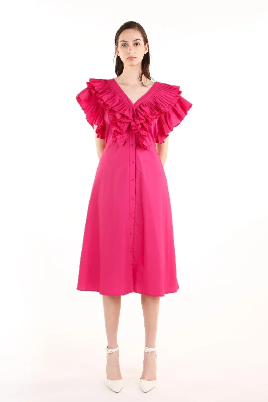 Premium Fashion V Neck Pleated Ruffle Trim Sleeve Midi Dress