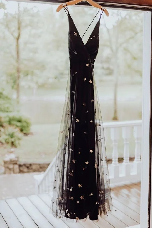 Seasonal Fashion Black tulle gold star wedding dress. fashion prom gown cg1816