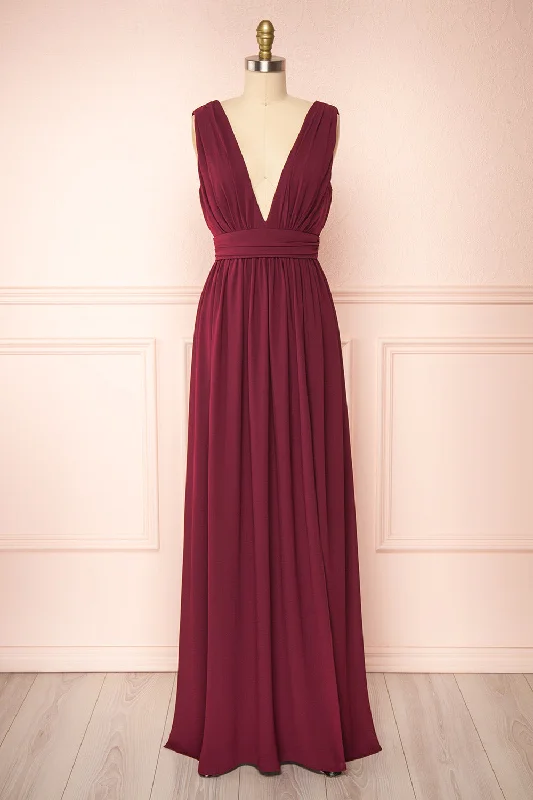 Flowy Fabric Animos Burgundy | V-Neck Maxi Dress