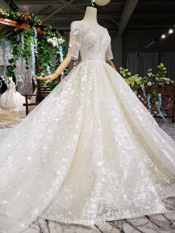 Latest Fashion Modest Princess Ball Gown Wedding Dress With Half Sleeves OW413