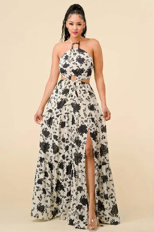 Fashion Forward Long Halter Neck Printed Maxi Dress