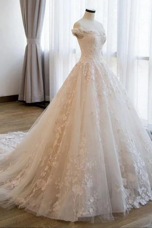 Seasonal Trends Ball Gown Off the Shoulder Lace Appliqued Wedding Dresses Ivory Bridal Dresses N2586