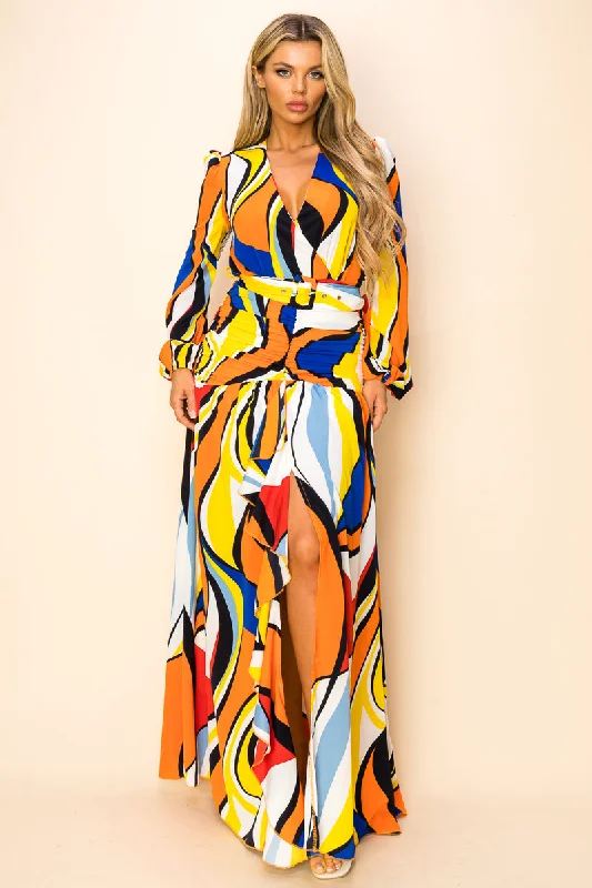 Comfortable Clothes Long Printed Long Sleeve Slit Maxi Dress