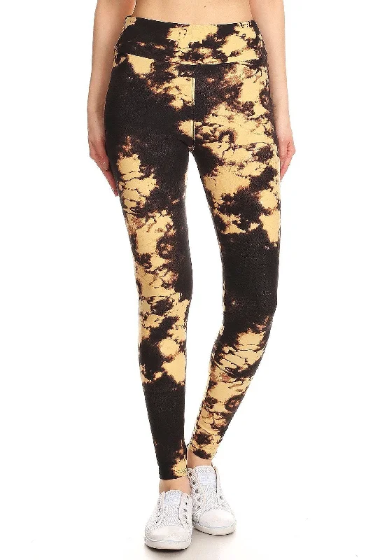 Stylish Savings Yoga Style Banded Lined Tie Dye Print, Full Length Leggings In A Slim Fitting Style With A Banded High Waist.