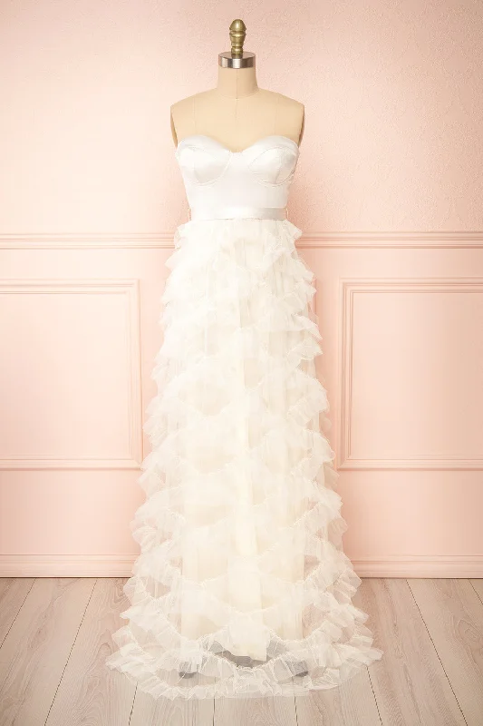 Elegant Ensemble Jurin Ivory | Bustier Maxi Dress w/ Ruffled Tulle