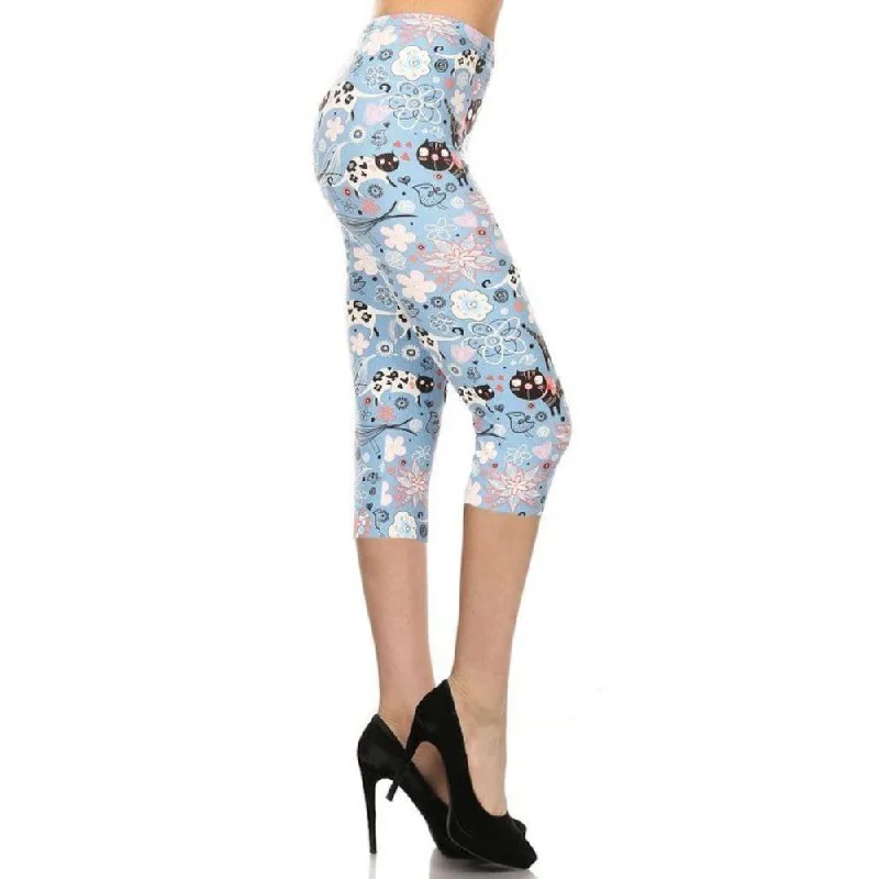 Evening Looks Cats And Flowers Printed, High Waisted Capri Leggings