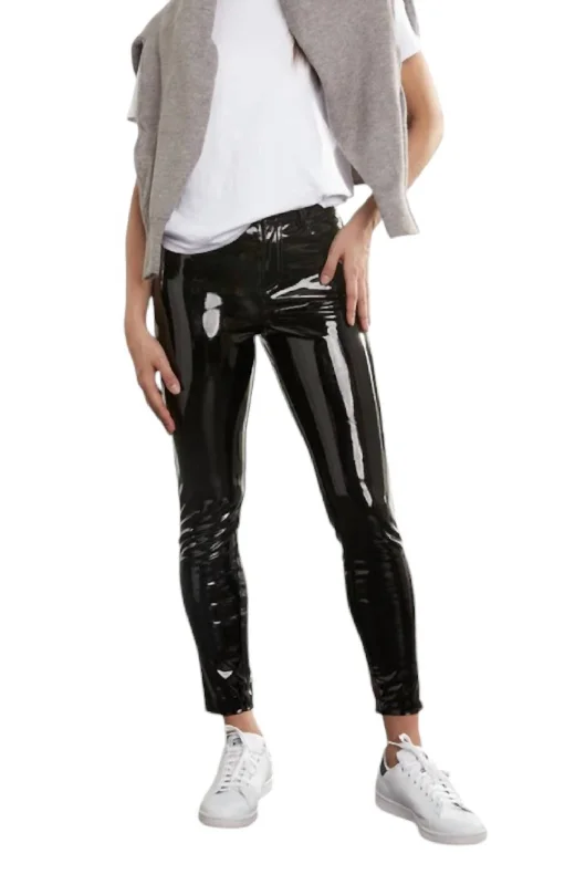 Trendy Street Style Faux Patent Leather 5-Pocket Pants In Black