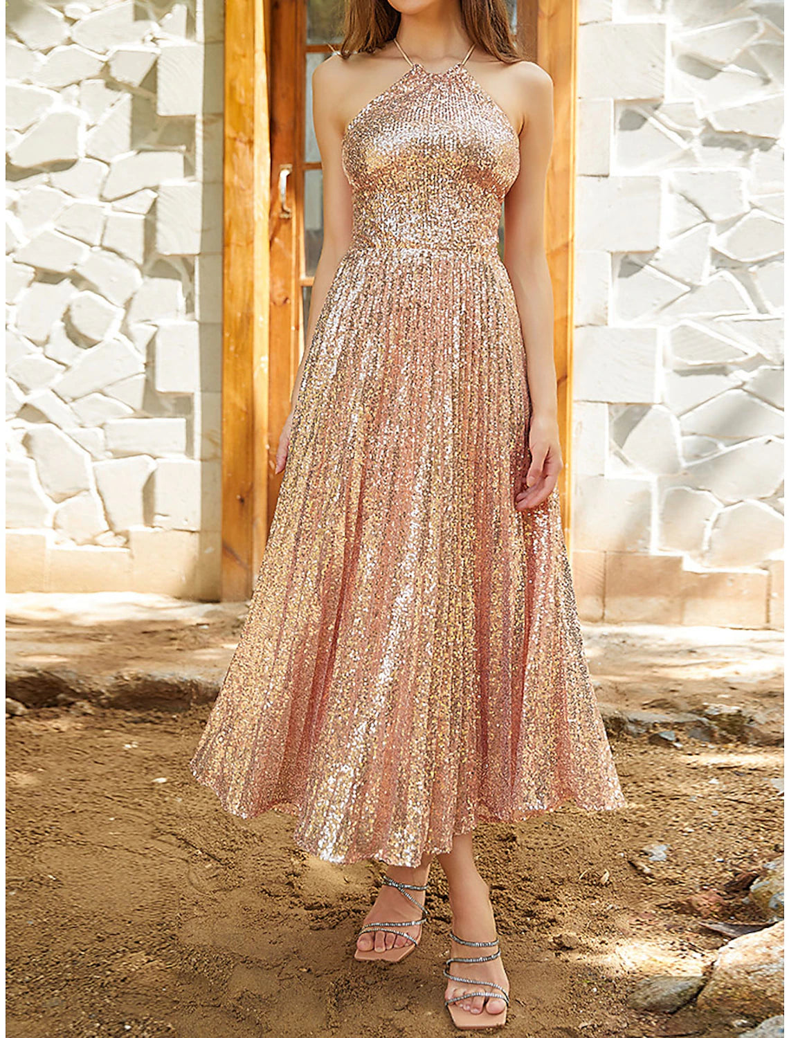 Fashion Forward Style Women's Sequin Dress Rose Gold Dress Party Dress Sparkly Dress Cocktail Dress Midi Dress Champagne Sleeveless Sparkly Glitter Spring Fall Winter Halter Neck Fashion