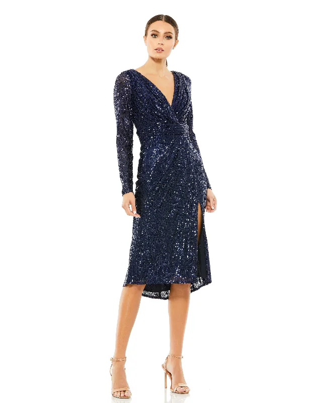 Save Big Mac Duggal A26555 Sequins Long Sleeve Cocktail Midi Dress