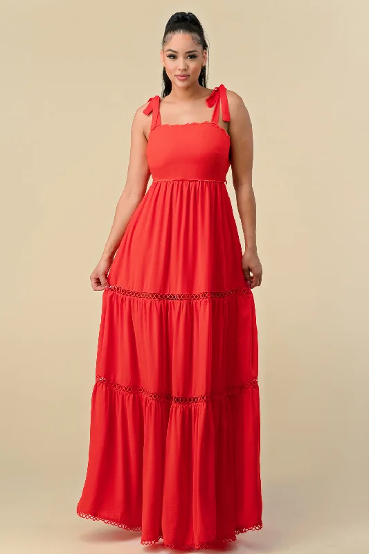 Latest Fashion Long Shoulder Tie Scallop Maxi Dress