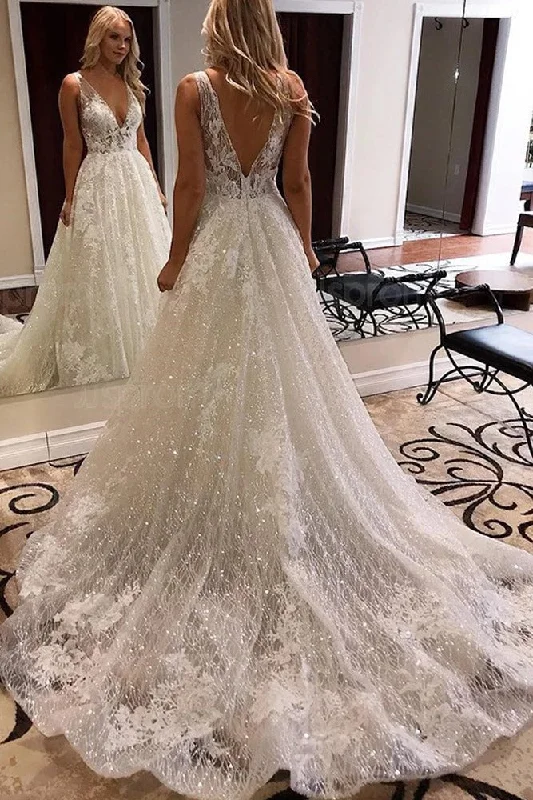 Hollywood Glam Award - Show Style Newest V-Neck Backless Ivory Sparkly Lace Wedding Dresses Bridal Gowns Y0034