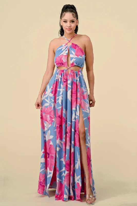 Trend Alert Long Halter Printed Slit Maxi Dress