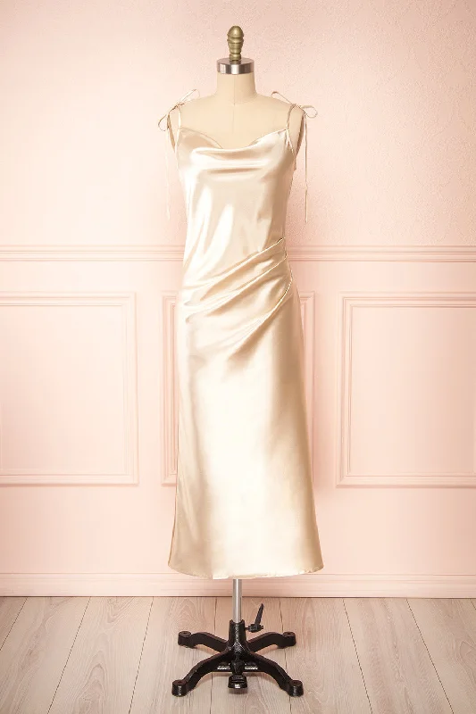 Modern Glamour Elyse Beige | Cowl Neck Midi Dress