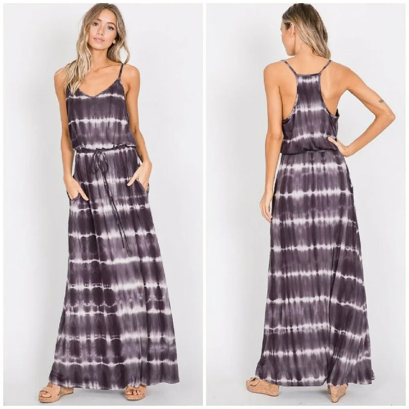 Summer Fashion Charcoal Tie Dye Cami Casual Maxi Dress Full Length Long Womens