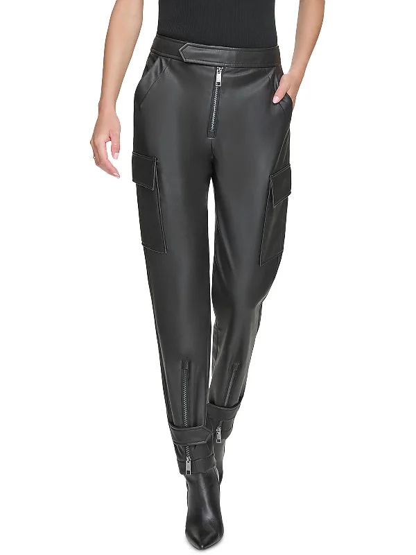 Flowing Silhouette Womens Faux Leather High Rise Cargo Pants