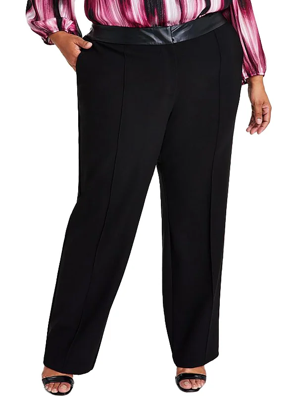 Timeless Elegant Plus Womens Faux Leather Trim High Rise Wide Leg Pants