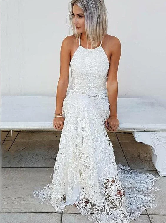 Exclusive Sale Mermaid Simple Halter Lace Wedding Dress Beach Bridal Gown OW421