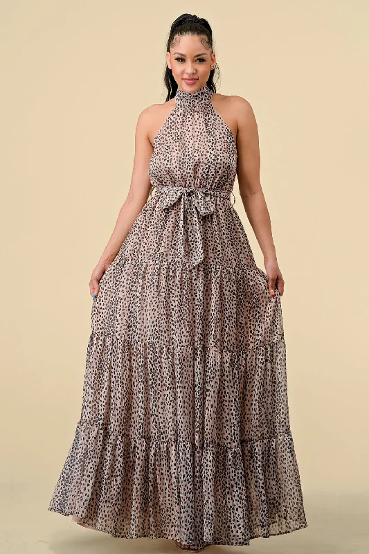 Wardrobe Upgrade Long Halter Animal Print Tiered Maxi Dress