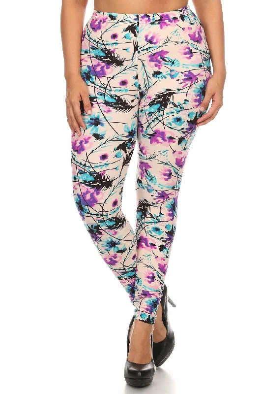 Vibrant Styles Plus Size Floral Print, Full Length Leggings In A Slim Fitting Style With A Banded High Waist