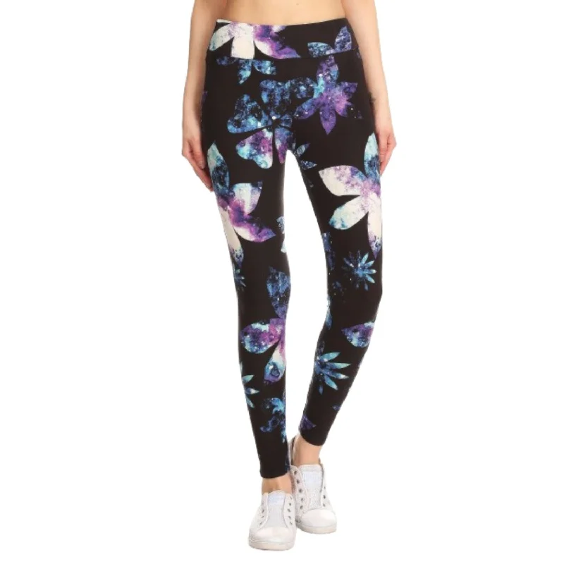 Everyday Wear Yoga Style Banded Lined Galaxy Silhouette Floral Print, Full Length Leggings In A Slim Fitting Style With A Banded High Waist