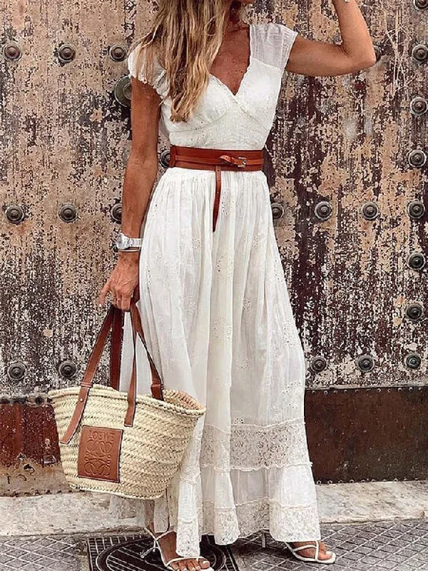 Wardrobe Refresh BerriesJam - 2024 Vintage White Lace Casual Beach Maxi Dress