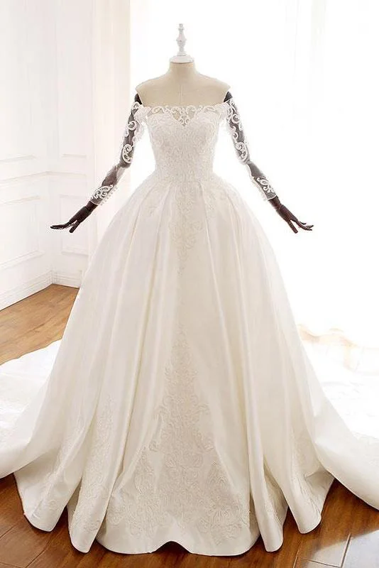 Low Price Special Ball Gown Long Sleeves Wedding Dresses with Lace Appliques Satin Bridal Gown N2582