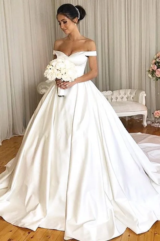 Disco - Inspired Retro Dance Look Charming Off The Shoulder Satin Ball Gown Wedding Dresses