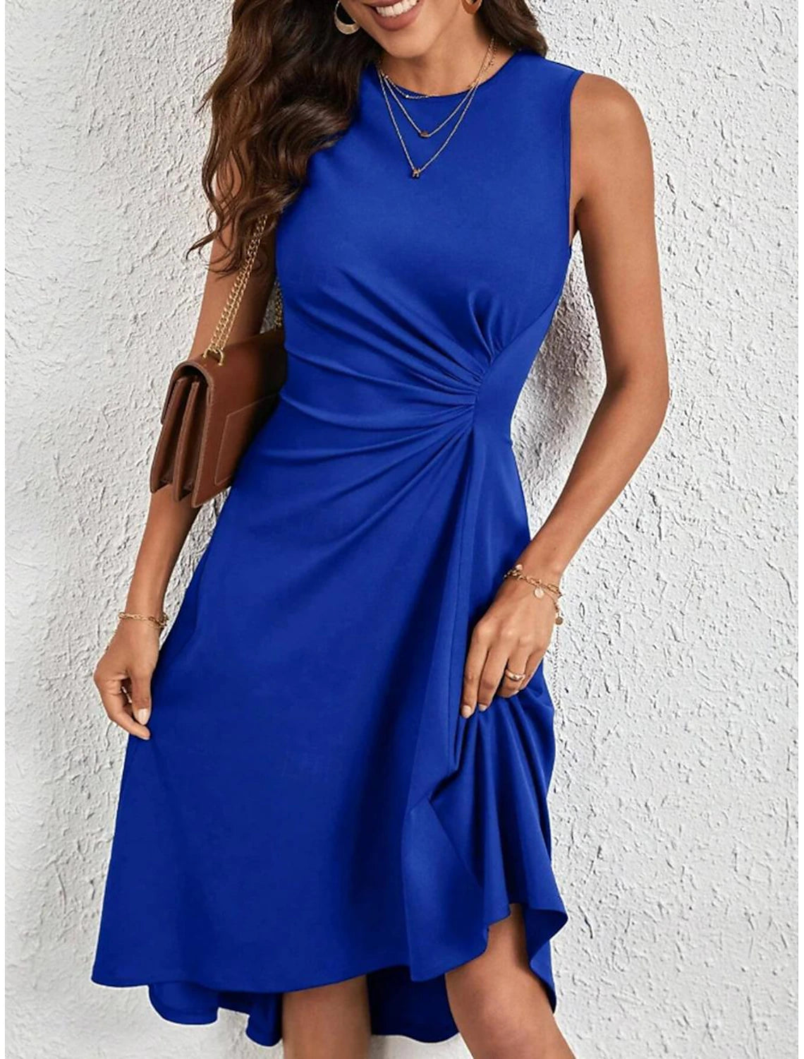 Clearance Event Elegant Dress Midi Dress Ruched Party Elegant Sexy Crew Neck Sleeveless Blue Color