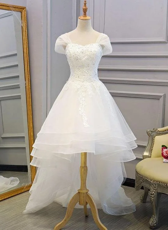 Elevate Your Wardrobe Beautiful Cap Sleeves High Low Layers Tulle Wedding Dress, Simple Prom Dress cg1561