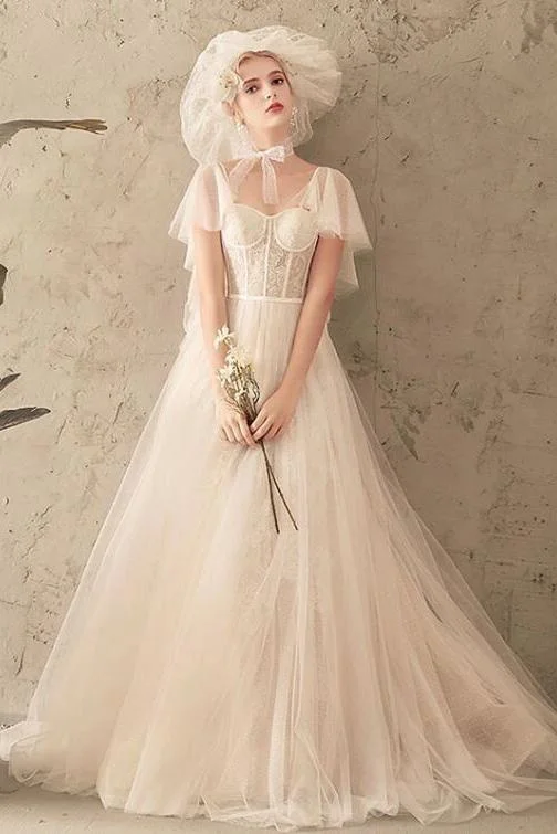 Fashion Forward Unique Tulle Lace Long Wedding Dresses Ivory Short Sleeves Lace Up Back Bridal Dresses N2585