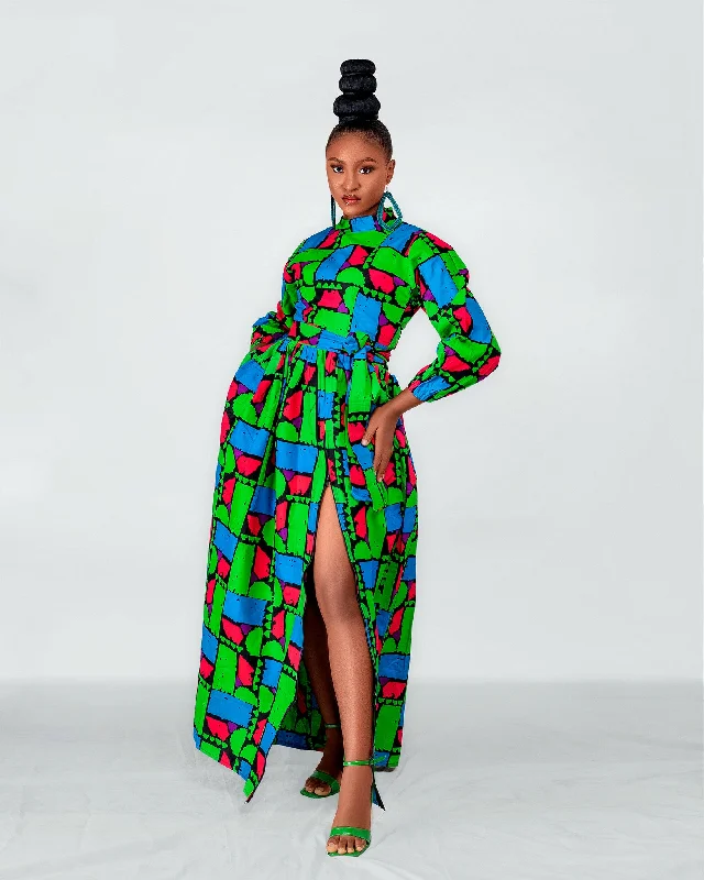 Clearance Event Rukky Ankara Maxi Dress | Green Red Multicoloured African Print