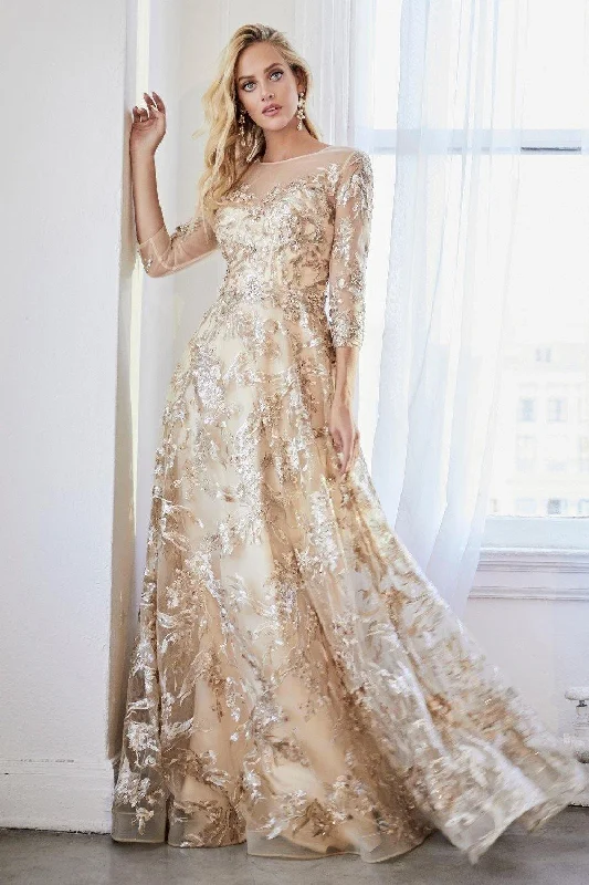 Fashion Sale Cinderella Divine CR855 Long Sleeve Gold Formal Dress