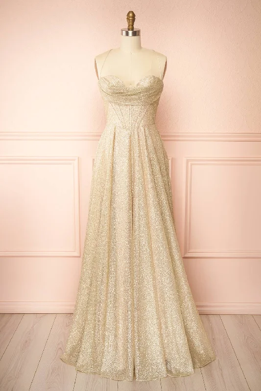 Elegant Details Lexy Champagne | Sparkly Cowl Neck Maxi Dress