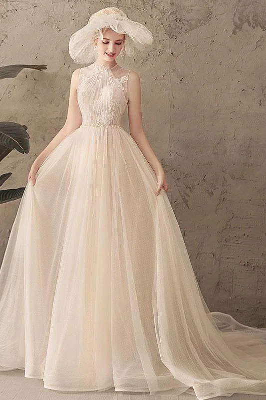 Best Seller Ivory Jewel Sleeveless Tulle Wedding Dresses with Lace A Line Pleats Open Back Bridal Dresses N2583