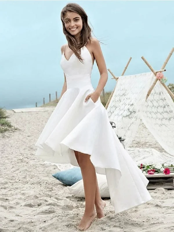 Fashion Forward Outfits V Neck High Low Beach Wedding Dresses, Backless Bridal Dress With Pockets OW508