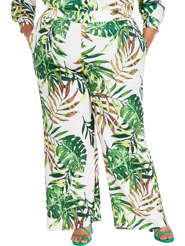 Artful Design Plus Womens Tropical Print Pull On Wide Leg Pants