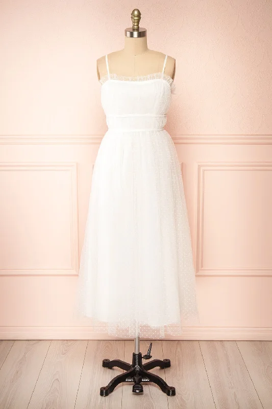 Luxury Style Lalatiana | White Tulle Midi Dress w/ Polka Dots