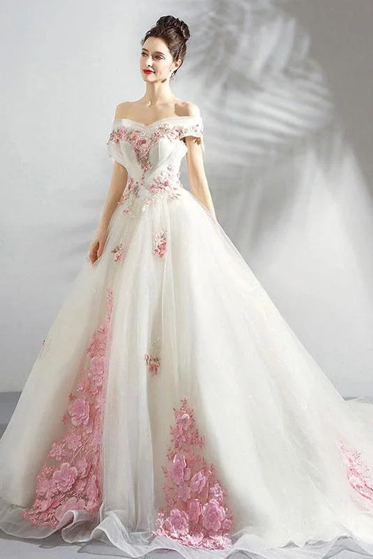 Stylish Savings Unique Off the Shoulder Tulle Wedding Dresses with Pink Flowers Ball Gown Wedding Gown N2584