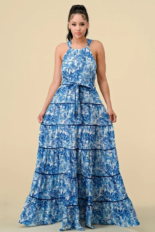 Hot Trends Long Halter Tiered Printed Maxi Dress