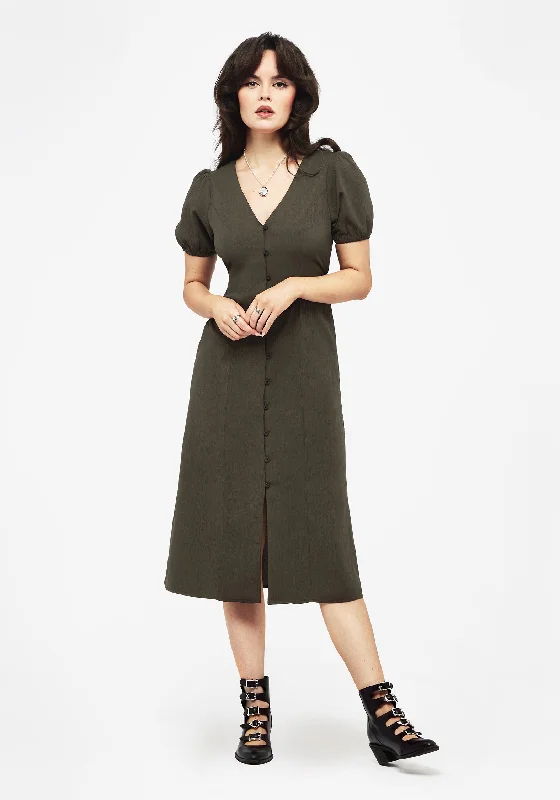 Polished Finish Rosette Button Up Midi Dress