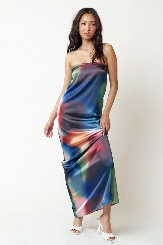 Urban Femme Streetwear Long Strapless Multicolor Print Maxi Dress