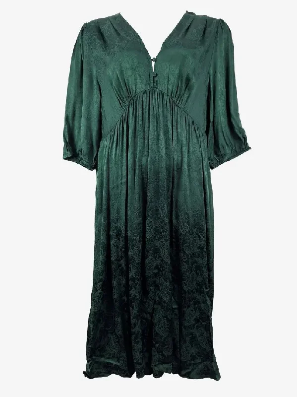 Spring Wardrobe Auguste Forest Green Paisley Jacquard Gathered Midi Dress Size 16