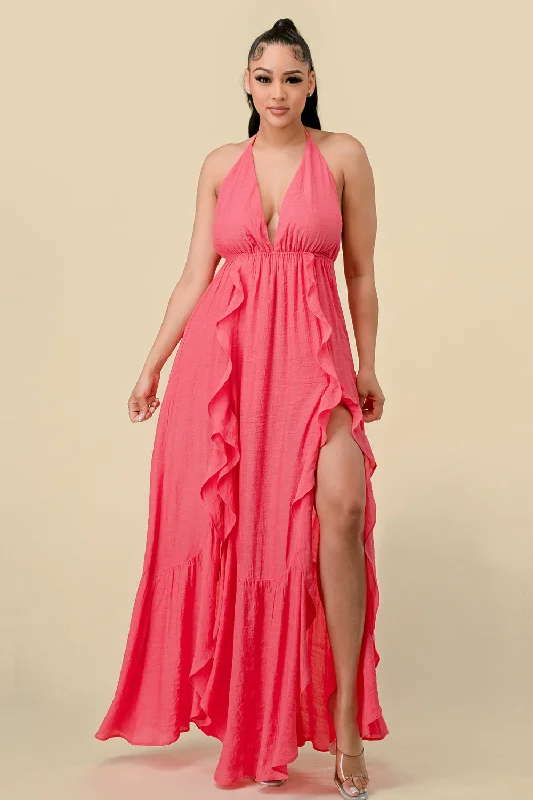 Day To Night Styles Long Halter Ruffled Slit Maxi Dress