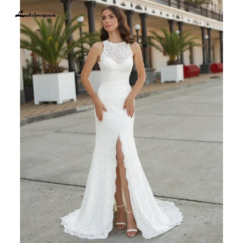 Weekend Special Roycebridal Beach Sleeveless V Neck Lace Satin Backless Wedding Dresses