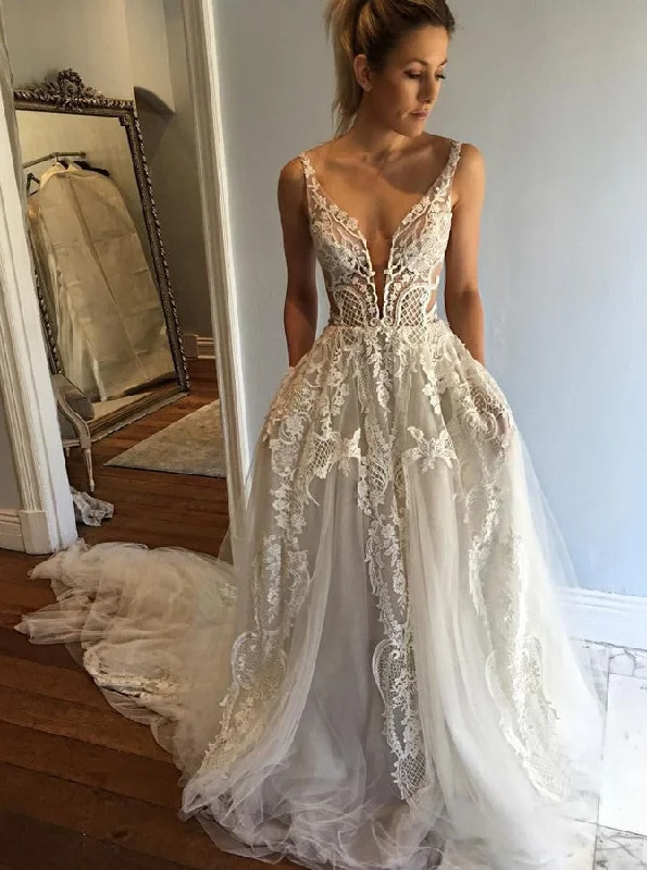 Limited Styles A-line Deep V-Neck Lace Appliques Wedding Dress With Pockets OW430