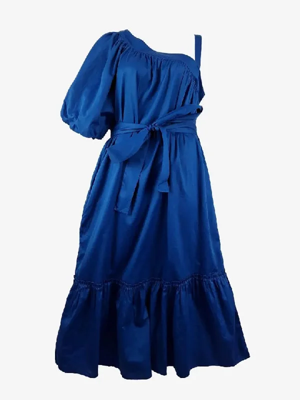 Exclusive Sale Blue Illusion One Shoulder Cobalt Frilled Midi Dress Size XXL