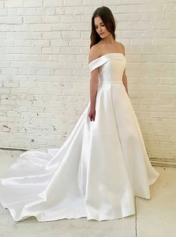 Casual Weekend Relaxed Style Simple A-Line Off-the-Shoulder Satin Wedding Dress OW459