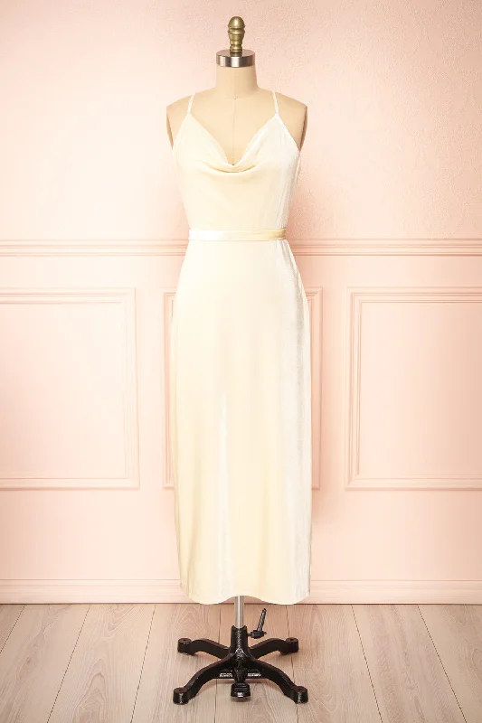 Vintage Charm Avianna | Ivory Velvet Cowl Neck Midi Dress